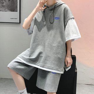 Set: Elbow-sleeve Mock Two-piece Hooded T-shirt + Shorts