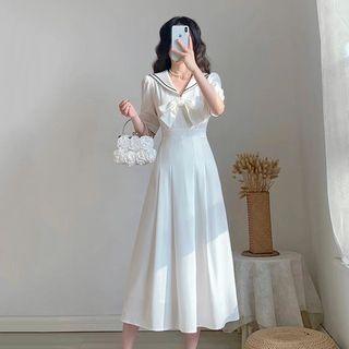 Puff-sleeve Collar Bow Accent Midi A-line Dress