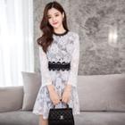 Long-sleeve Contrast Trim A-line Lace Dress