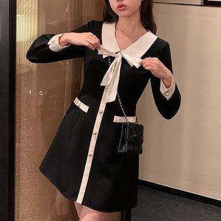 Long Sleeve Lace Up Contrast Trim A-line Dress