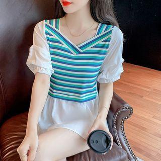 Mock Two-piece Puff-sleeve Stripe Panel Dress