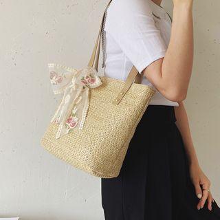 Floral Embroidered Bow Tote Bag