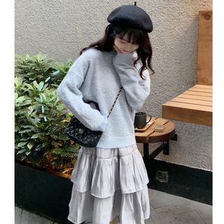 Plain Sweater/ Spaghetti Strap Midi Tiered Dress