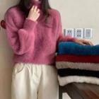High-neck Long-sleeve Plain Mock Mink Sweater