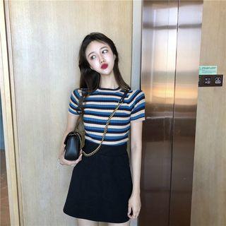 Set: Lettering Short Sleeve Knit T-shirt + Dotted A-line Skirt