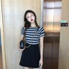 Set: Lettering Short Sleeve Knit T-shirt + Dotted A-line Skirt