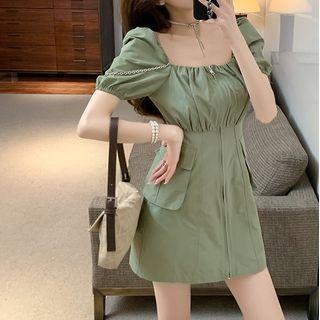 Puff-sleeve Chained Mini Sheath Dress