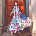 Elbow-sleeve Floral Print Maxi A-line Dress 737 - As Shown In Figure - One Size