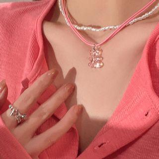 Bear Resin Pendant Layered Faux Pearl String Necklace Necklace - Pink - One Size