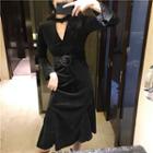 Velvet Long-sleeve Cutout Midi A-line Dress