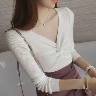 Knotted V-neck Long-sleeve Knit Top