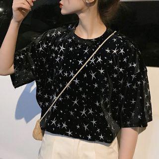 Elbow-sleeve Glitter Pleuche T-shirt