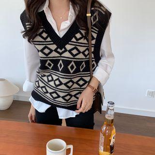Geometric Print Knit Vest Black & Almond - One Size