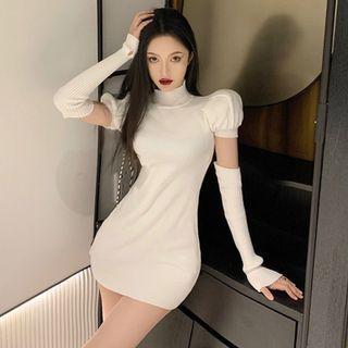 Set: Puff-sleeve Turtleneck Mini Sheath Dress + Arm Sleeves