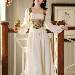 Long-sleeve Floral Embroidered A-line Corset Dress