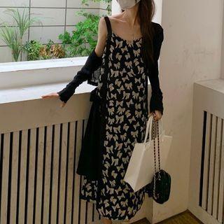 Plain Cardigan / Spaghetti Strap Bow Print Midi Smock Dress
