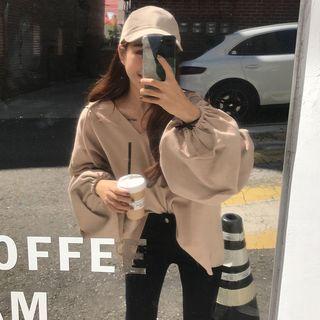 Plain V-neck Long-sleeve Loose-fit Hooded Top