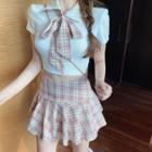 Set: Short-sleeve Tie Neck Shirt + Plaid Mini A-line Skirt