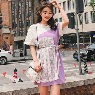 Short-sleeve Lace Panel Mini T-shirt Dress