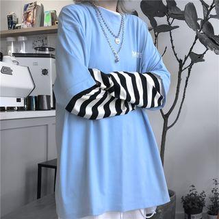 Long-sleeve Mock Two-piece Striped T-shirt Sky Blue - One Size
