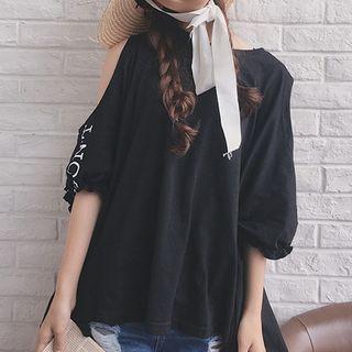 Letter Open Shoulder Elbow-sleeve T-shirt