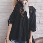 Letter Open Shoulder Elbow-sleeve T-shirt