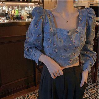 Long-sleeve Floral Print Denim Crop Top