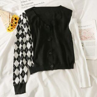 Color-block Plaid Button-up Cutout Knit Cardigan