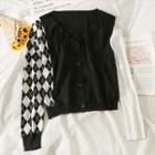 Color-block Plaid Button-up Cutout Knit Cardigan