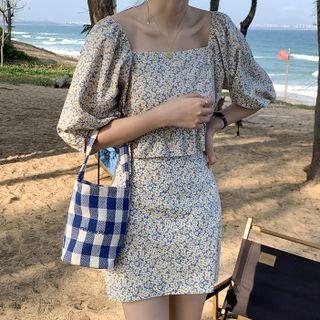 Set: Elbow-sleeve Floral Print Frill Trim Top + Mini A-line Skirt
