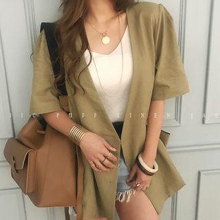 Elbow-sleeve Double-breasted Linen Blazer