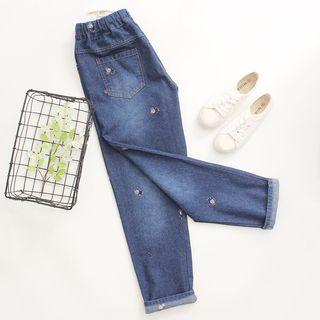 Embroidered Drawstring Straight Cut Jeans