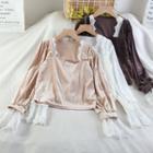 Long-sleeve Square-neck Lace Trim Velvet Top