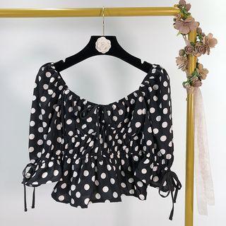 Dotted Off-shoulder Elbow-sleeve Peplum Top