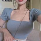 Short-sleeve Square Neck Knit Cropped Top