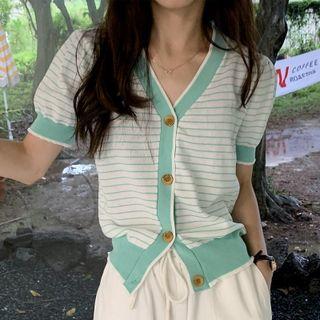 Short-sleeve Striped Button Up Knit Top