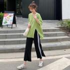 Elbow-sleeve Slit T-shirt / Contrast Trim Wide Leg Pants