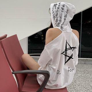 Short-sleeve Off-shoulder Printed Hooded T-shirt White - One Size