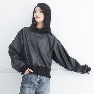 Zipper-side Faux-leather Pullover