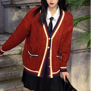 Contrast Trim Cable Knit V-neck Cardigan
