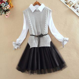 Crew-neck Cable Knit Vest / Mesh Panel Long-sleeve A-line Dress / Set