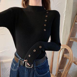 Long-sleeve High Neck Button Accent Knit Top