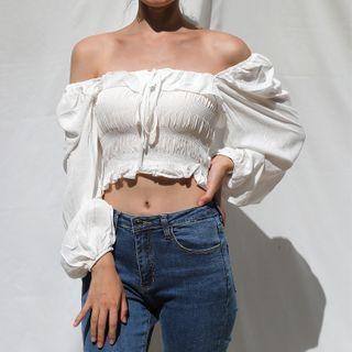 Square-neck Ruffle Trim Cropped Blouse