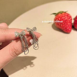 Bow Rhinestone Chained Alloy Earring 1 Pair - Earrings - Bow - Silver - One Size