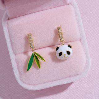 Panda & Bamboo Rhinestone Asymmetrical Dangle Earring 1 Pair - Silver Steel - Gold - One Size