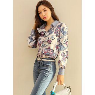 Contrast-collar Frilled Patterned Blouse