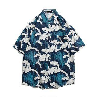 Elbow-sleeve Wave Print Hawaiian Shirt