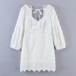 Plain Middle-sleeve Tie-front Lace Mini Dress
