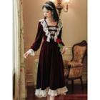 Lace Panel Ruffle Long-sleeve Midi A-line Dress