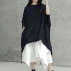 Elbow-sleeve Asymmetric Midi Dress Black - One Size